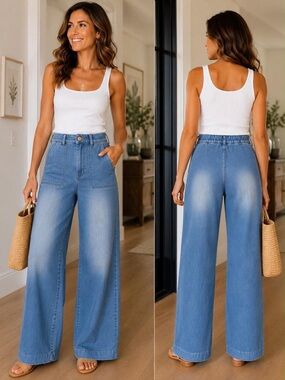 Rae Mode High-Rise Wide Leg Jeans in Light Blue Wash - Women's Flare Trousers